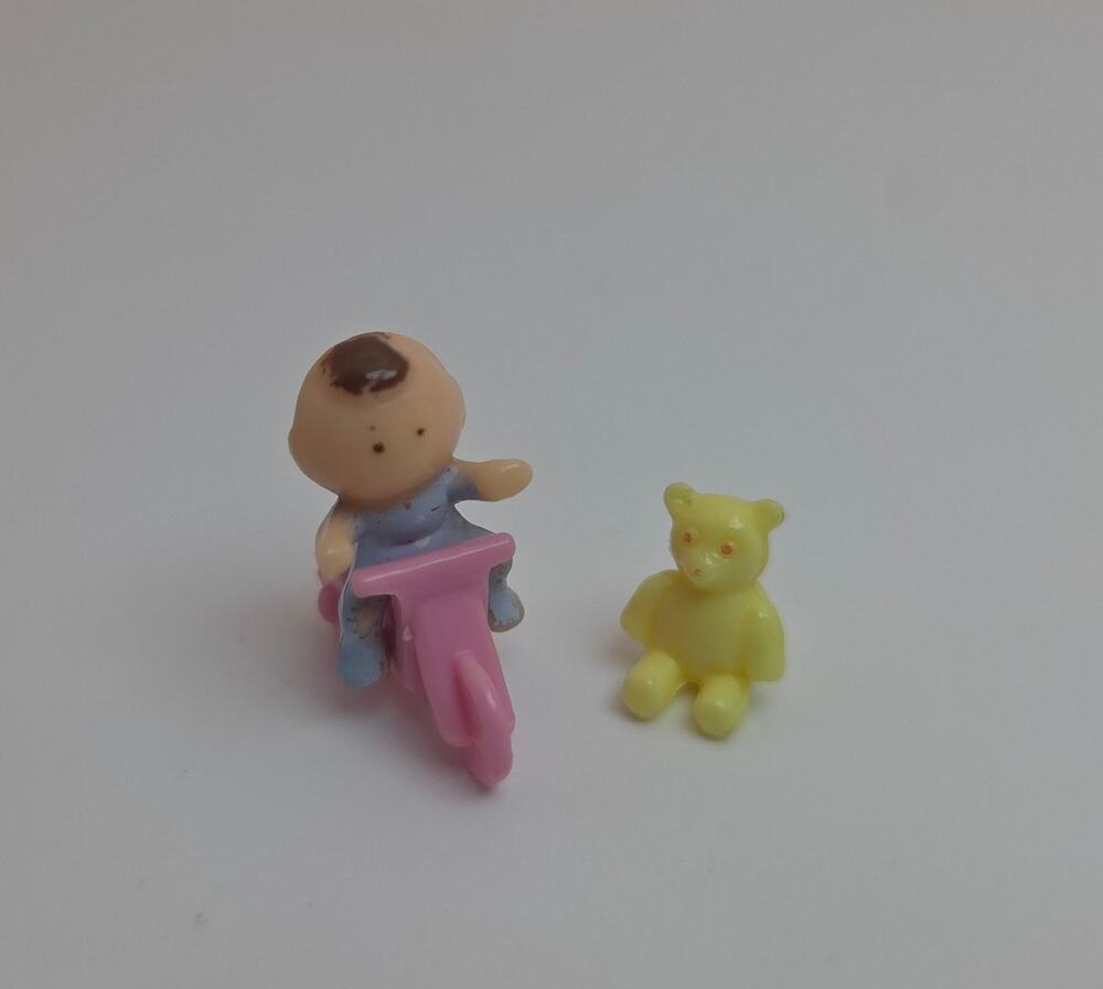 Vintage 1992 Polly Pocket Bluebird Babysitting Stamper Bear + Tricycle + Baby